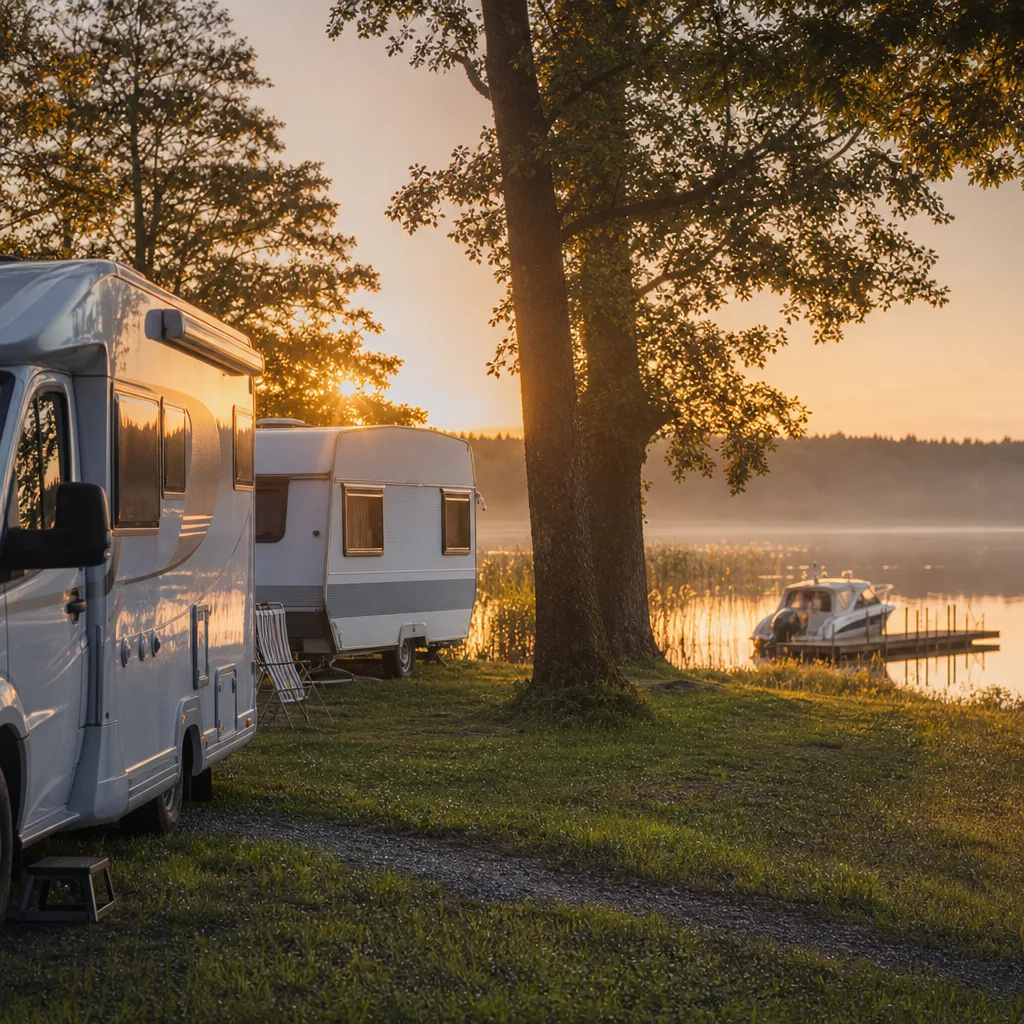 Husbil och husvagn på en lugn svensk campingplats vid en sjö i kvällsljus, motorbåt vid bryggan